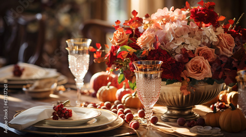 Autumn holiday tablescape, formal dinner table setting.