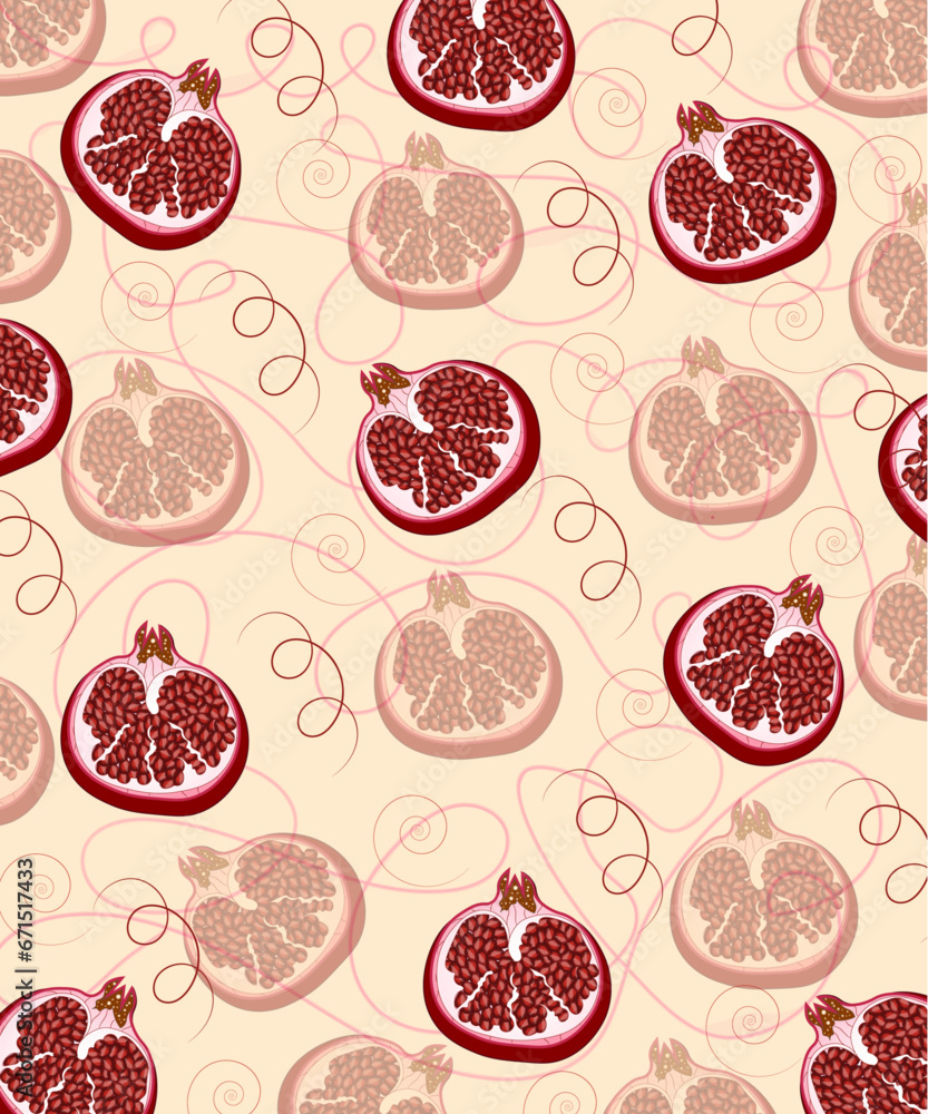 Realistic pomegranate whole, half and seeds. Vector juicy ripe fruit for product package, menu design. Sweet tropical food pattern. Realistic pomegranate whole, half and seeds. Vector juicy ripe fruit for product package, menu design. Sweet tropical food pattern.