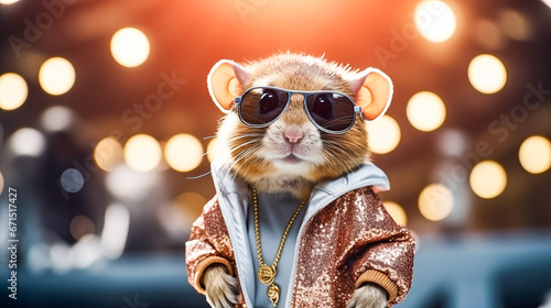 Cute little rat with microphone on bokeh background, studio shot. A stylish little white rat in a pink coat with a microphone on the stage. photo