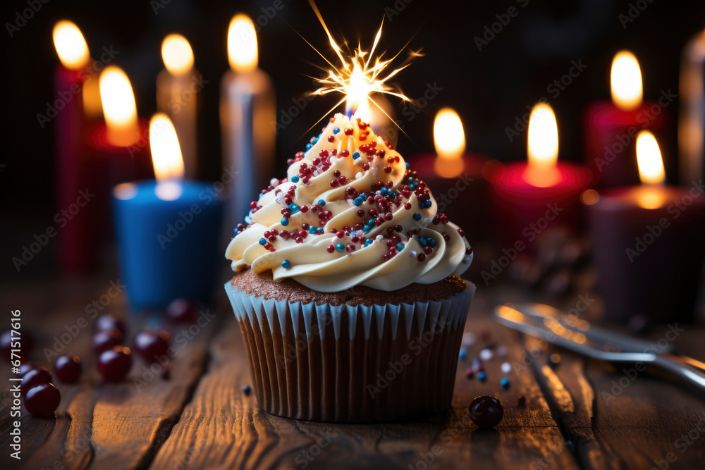 Cupcake with burning Bengal light placed on wooden table in dark room representing celebrations Cupcake with burning Bengal light placed on wooden table in dark room representing celebrations