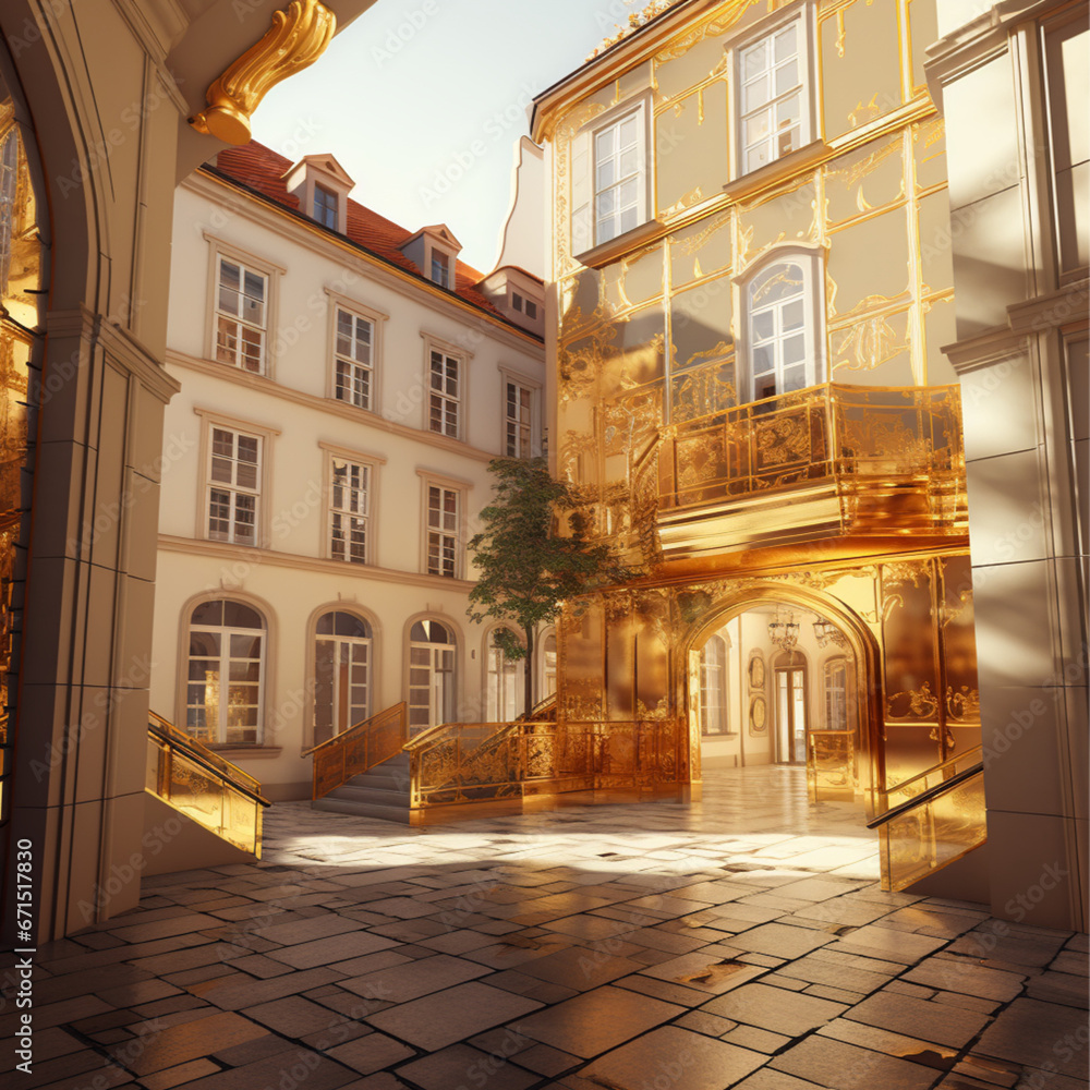 2 stories high modern lobby golden next to the old town square architecture new realistic