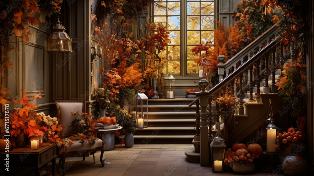 Autumnal hallway decor, interior design, and house decor.