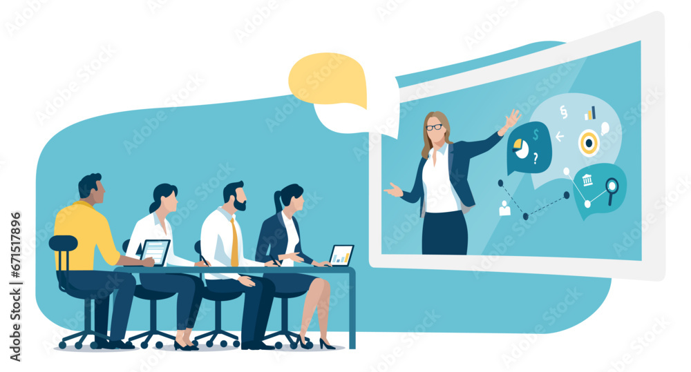 Teleconference. Network communication. The team works over a network. Business vector illustration.
Teleconference. Network communication. The team works over a network. Business vector illustration.