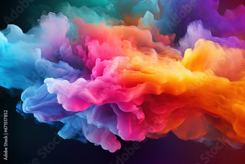 Multicolored powder explosion on black background. Abstract colorful dust particles textured background.