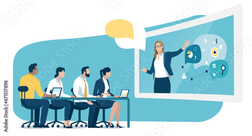 Teleconference. Network communication. The team works over a network. Business vector illustration.
