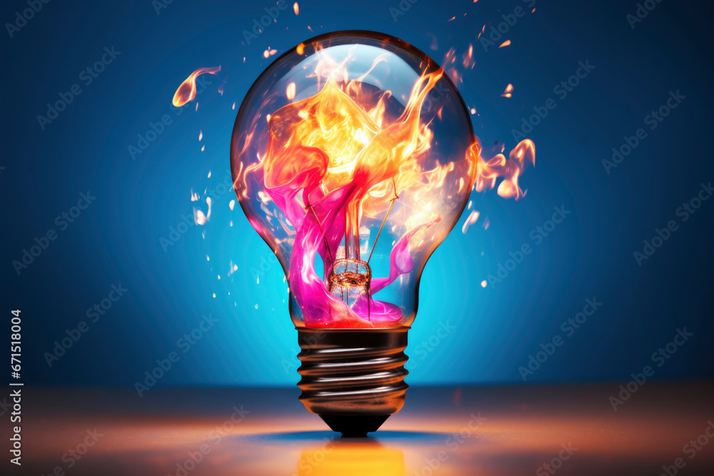 Creative light bulb explosion with splashes of yellow, blue and pink paint on a black background. Think differently, creative idea. - obrazy, fototapety, plakaty 