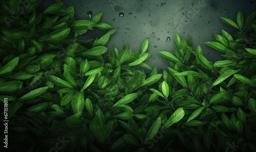 Fresh green tea leaves with drops of morning dew.