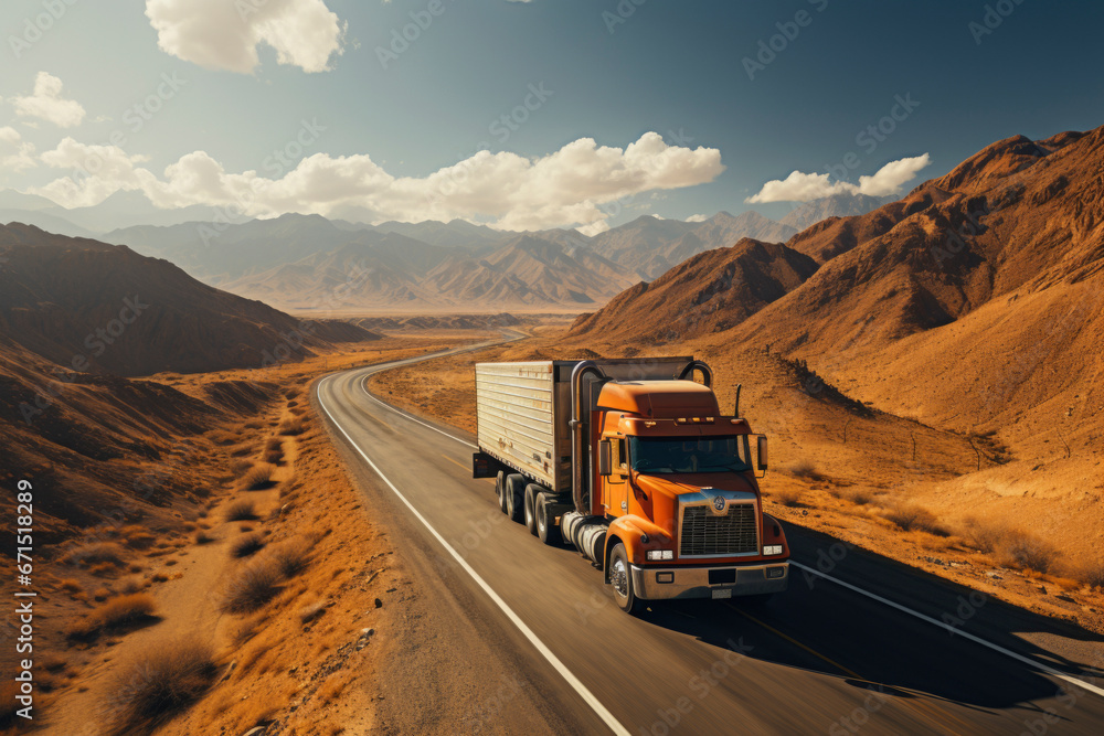 Big rig white powerful American bonnet long haul semi truck transporting commercial cargo moving uphill on winding road with a green trees.