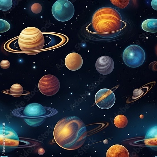 AI generated illustration of vibrant background with planets scattered throughout the night sky photo