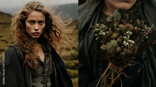 Mujer bella pueblo - Norte de europa nordicas  - Flores paisaje montañas serie photo