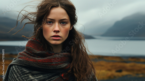 Mujer bella pueblo - Norte de europa nordicas  - Flores paisaje montañas y lago photo