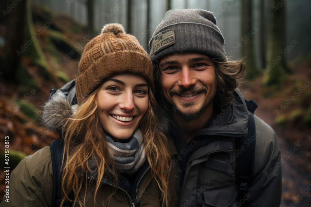 Trendy couple spending time together walking in forest in autumn. Trendy couple spending time together walking in forest in autumn.