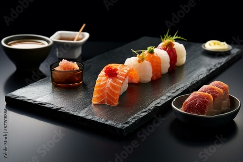 Enjoy an elegant dining experience with mouthwatering sushi and sashimi served on a sleek stone plate. Generative AI