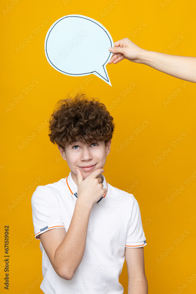 Curly teenager boy thought, on yellow background. Curly teenager boy thought, on yellow background.