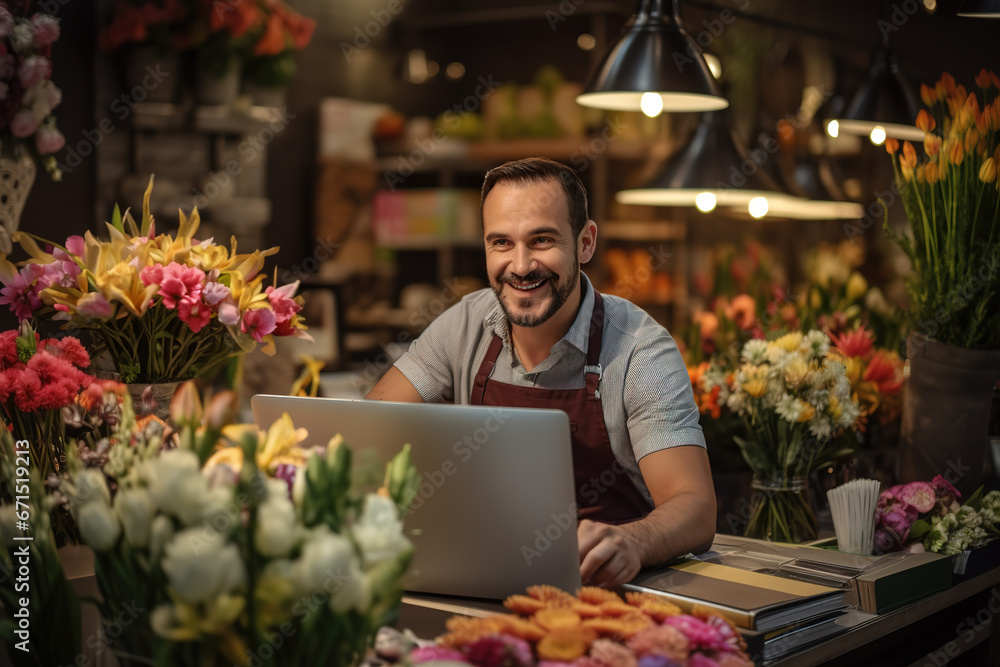 Joyful man in flower shop sitting at workplace behind laptop. Cheerful caucasian male florist worker in floral house smiling and looking at camera. Floristry concept Joyful man in flower shop sitting at workplace behind laptop. Cheerful caucasian male florist worker in floral house smiling and looking at camera. Floristry concept