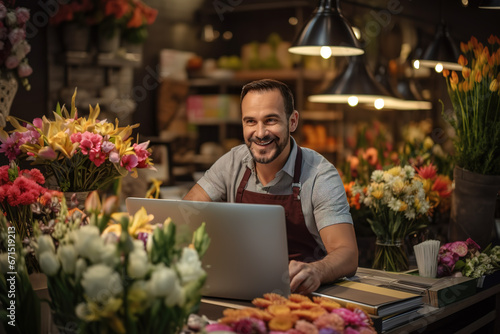 Joyful man in flower shop sitting at workplace behind laptop. Cheerful caucasian male florist worker in floral house smiling and looking at camera. Floristry concept