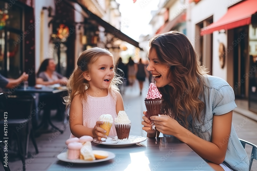 Happy mother and daughter having fun time together and eating ice cream in pastry shop outside. Happy mother and daughter having fun time together and eating ice cream in pastry shop outside.