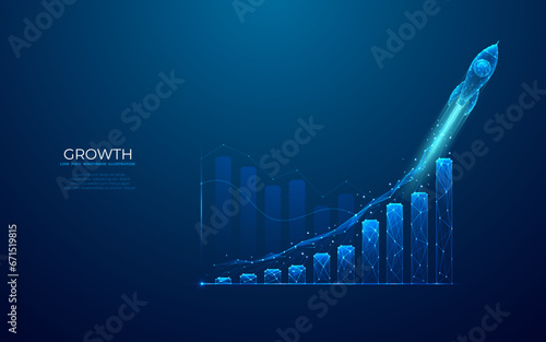 Abstract growth graph chart with launch rocket on technology blue background. Startup and success business concept. Boost metaphor in futuristic light blue style. Low poly digital vector illustration.