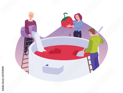 People on ladder preparing tasty strawberry jam in huge pan, vector illustration handmade fruit jam dessert cooking