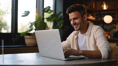 Smiling young man using laptop, typing on keyboard, writing email or message, chatting, shopping, successful freelancer working online on computer, sitting in modern workplace at home.