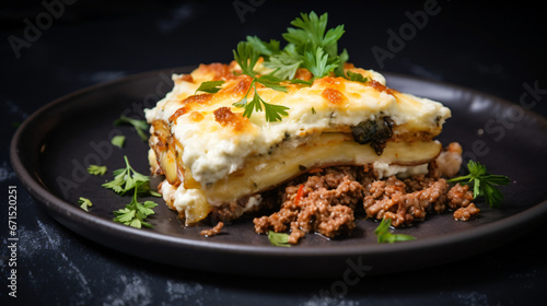 Portion of Greek potato and meat casserole with cheese