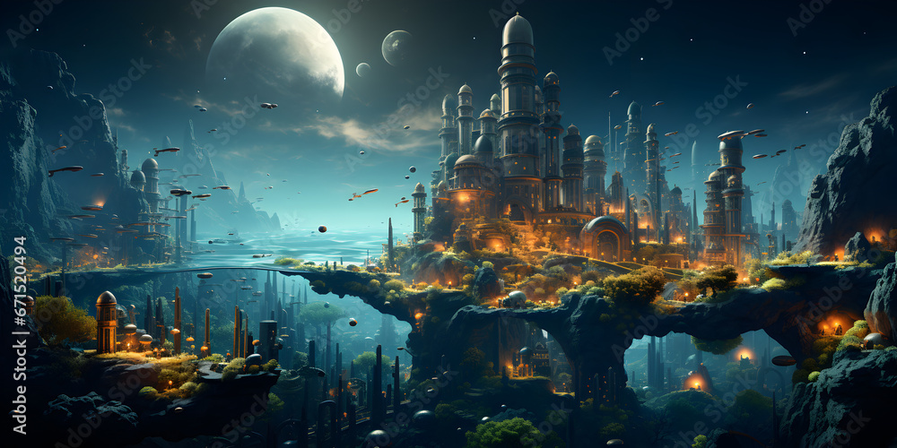 Galactic fantasy landscape. Cityscape of an alien planet. Mysterious Alien Realm: Futuristic Cityscape in Space Fantasy