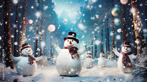 Festive snowmen come alive in a magical forest at night, dancing and celebrating in a whimsical and enchanting Christmas and New Year's party under the sparkling lights and baubles..