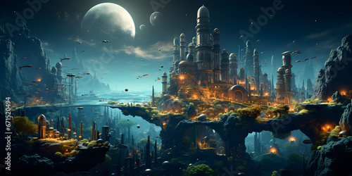 Galactic fantasy landscape. Cityscape of an alien planet. Mysterious Alien Realm: Futuristic Cityscape in Space Fantasy © Maria