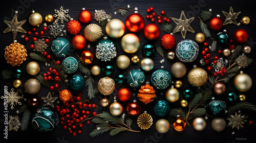 Christmas decorations, top view of assorti of glass balls colored in blue, red, golden, silver on dark background, useful as a greeting gift card template photo