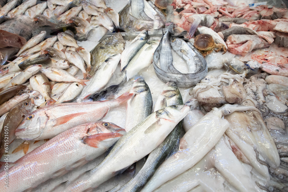 Fototapeta premium fish stall at market Portugal. Fresh chilled variety fish