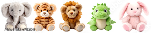 Set of fur plush stuffed animal toy on transparent background cutout, PNG file. Many assorted different design. Mockup template for artwork graphic design