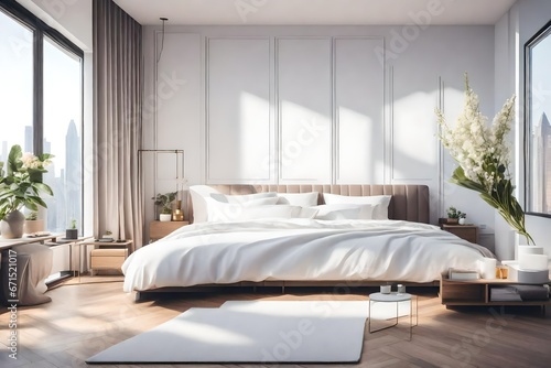 A futuristic bedroom interior set in a high-tech, minimalist environment, the 3D rendering focusing on the integration of technology into the design, with smart closets and cabinets