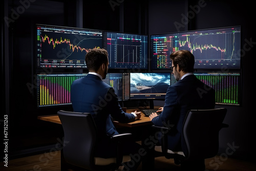 Two successful trader in formalwear working together, looking at screen and checking global currency index on fund exchange in office.