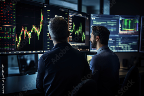Two men crypto traders sitting at office table together in front of pc, monitoring stocks data charts on screen, analyzing price flow. Profit teamwork. Digital money