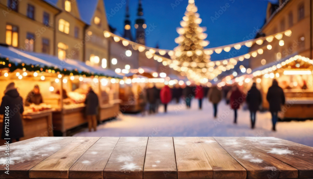 Empty wood table with blurred christmas market background