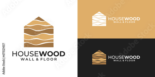 Wood house vector logo template. Wood texture home builder logo illustration. Capenter industry logo design.