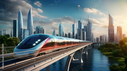 high speed train in modern and luxury city, against skyscrapper city skyline photo