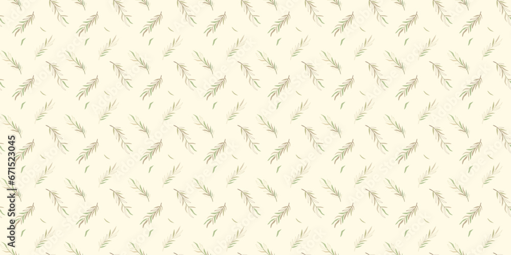 Vector illustration, Seamless pattern, olive leaves in pastel green-beige tones on a beige background. Wallpaper, fabric, textile, packaging, product design. Vector illustration, Seamless pattern, olive leaves in pastel green-beige tones on a beige background. Wallpaper, fabric, textile, packaging, product design.