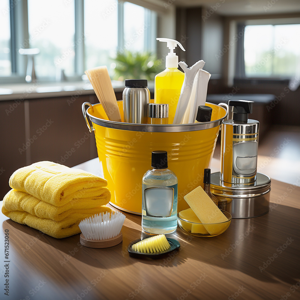 Diverse yellow cleaning items in a bucket on table at room background, front view Diverse yellow cleaning items in a bucket on table at room background, front view