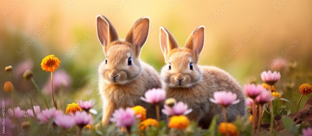 Tiny baby bunnies happily playing in a garden surrounded by blooming flowers during springtime Tiny baby bunnies happily playing in a garden surrounded by blooming flowers during springtime