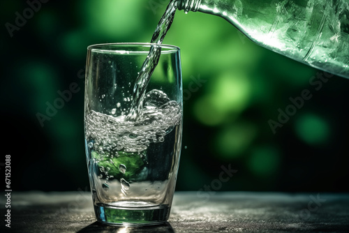 Drink water pouring in to glass mug from water plastic bottle on green background. Fresh water in glass tumbler in nature. Mineral water in highball tumbler with splash. Cup for liquid clean drinks photo