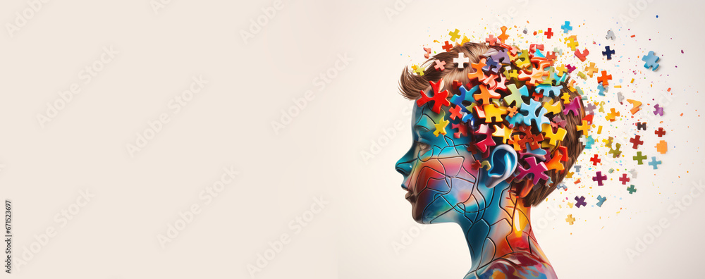 ADHD, attention deficit hyperactivity disorder, mental health, head of a child with colorful jigsaw or puzzle pieces - obrazy, fototapety, plakaty 