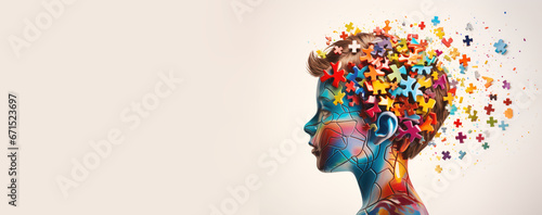 ADHD, attention deficit hyperactivity disorder, mental health, head of a child with colorful jigsaw or puzzle pieces photo