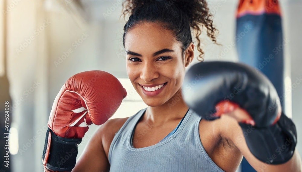 Fototapeta premium Boxing, gloves and portrait of woman. sports exercise, strong muscle or mma training. female