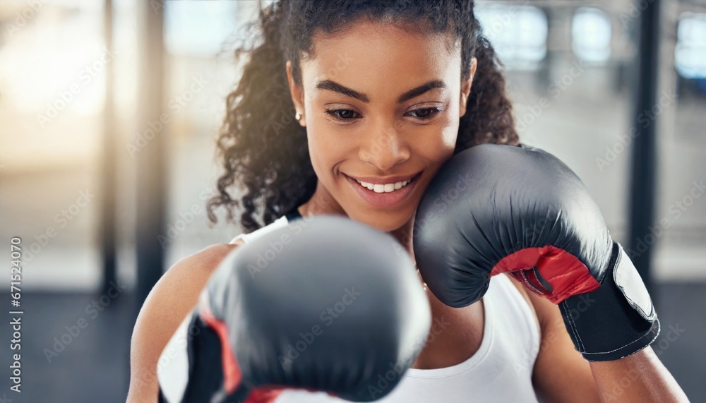 Boxing, gloves and portrait of woman. sports exercise, strong muscle or mma training. female