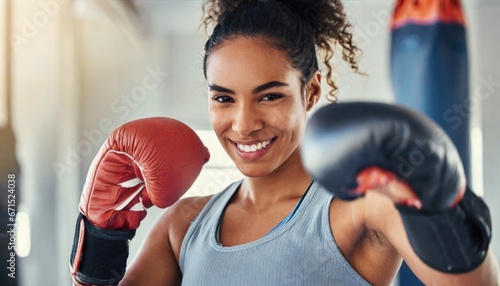 Boxing, gloves and portrait of woman. sports exercise, strong muscle or mma training. female © Marko