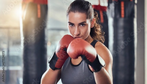 Boxing, gloves and portrait of woman. sports exercise, strong muscle or mma training. female © Marko