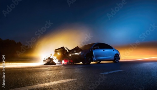 Car crash dangerous accident on the road at night. copy space