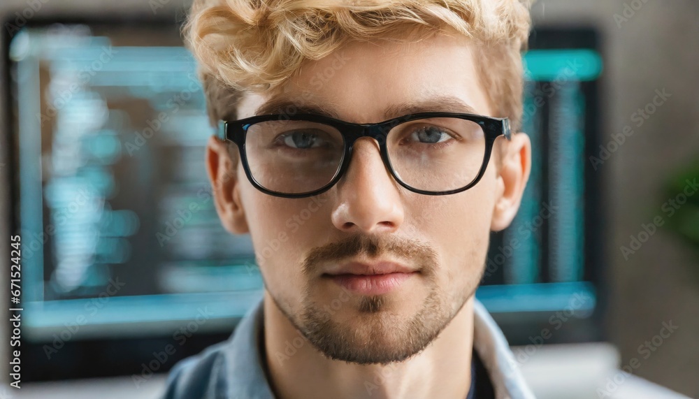 Focused developer coder looking at programming code data cyber security digital tech reflect Focused developer coder looking at programming code data cyber security digital tech reflect