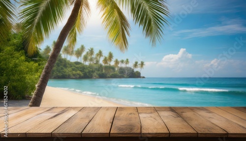 Empty wooden table top with blurred sea and coconut tree background. Ready for your product display montage. Beach in summer © Marko